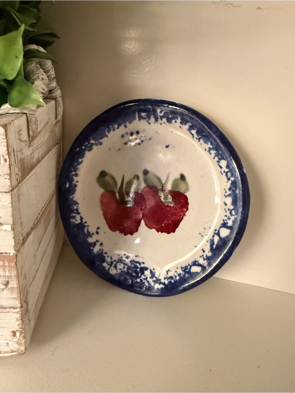 Handmade Pottery Apple Ring Dish Trinket Blue Spongeware Style Studio Pottery